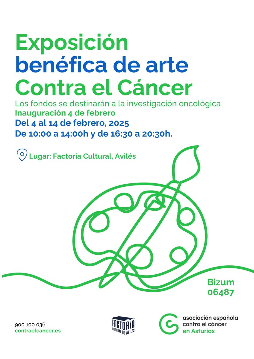 Exposición benéfica de arte contra el cáncer en Avilés. 
📍Factoría Cultural Avilés
🗓️ Del 4 al 14 de febrero
🕐 De 10:00 a 14:00 y de 16:30 a 20:30
#TodosContraElCáncer #ContraElCáncerAsturias #Asturias #Avilés #Exposicion #Benéfico