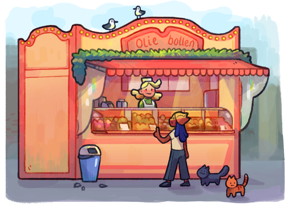 🌷Did you know Roost Games was founded in the Netherlands? Be on the lookout for Dutch influences in the CCM2 world! 

💛Influences like... oliebollen stands!!💛

💫Around NYE, the Dutch eat oliebollen: balls of fried dough, covered in powdered sugar.

Have you ever tried one?😋