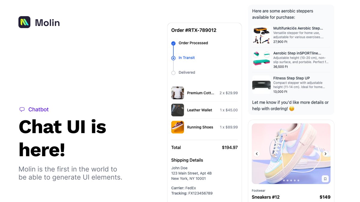 New: Molin has UI elements in chat now 🎉

Molin is the first embedded #AI chatbot in the world which can now display UI elements.

All UI elements are natively designed for AI, so they are uniquely fast and diverse. For example, they work in all languages that Molin speaks.