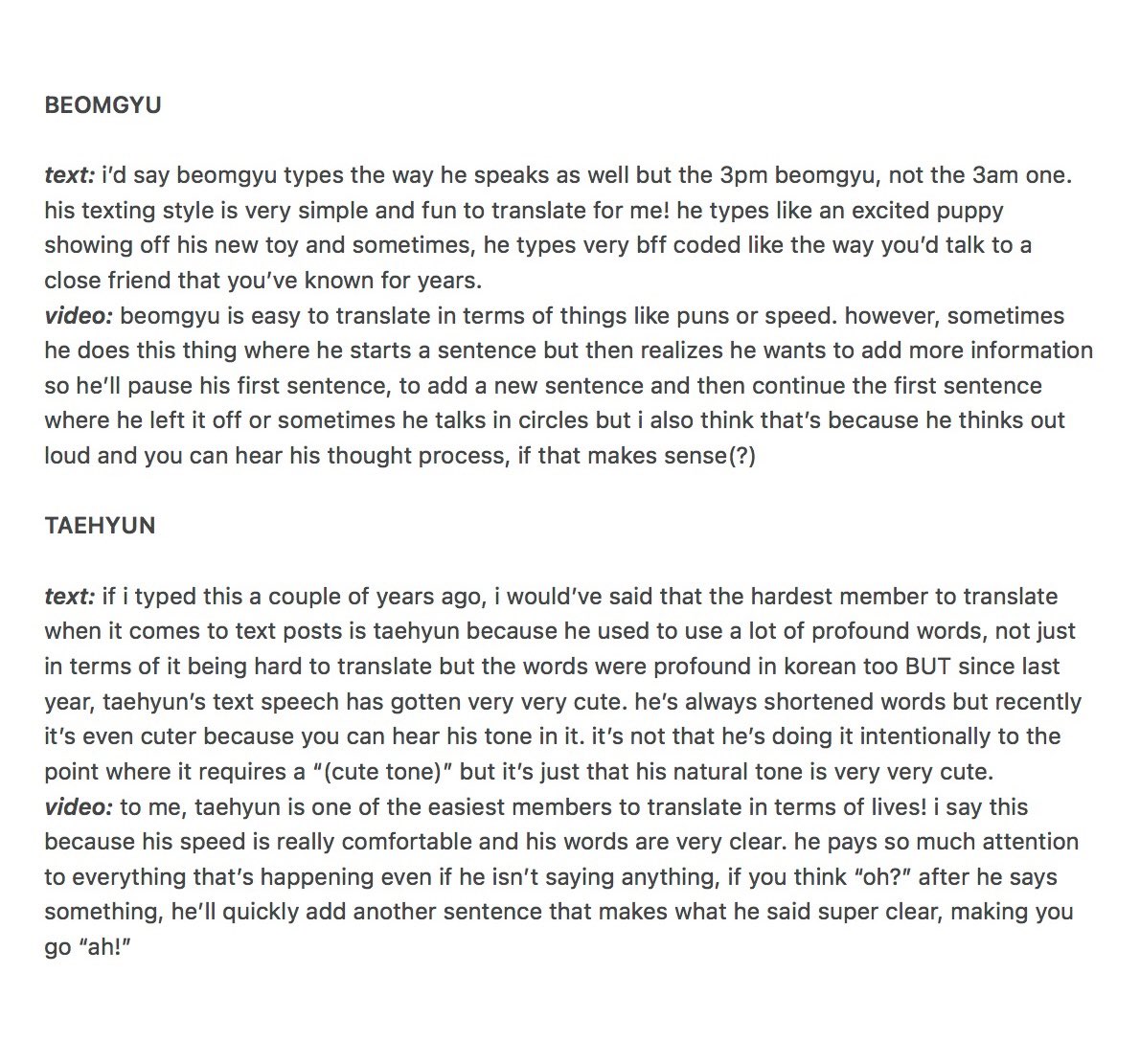 translatingTXT's tweet photo. apparently, a lot of people were curious as to who i thought was the hardest txt member to translate so i wrote a 1000 word essay on it 🕺 enjoy! https://t.co/GAiGvyIafR
