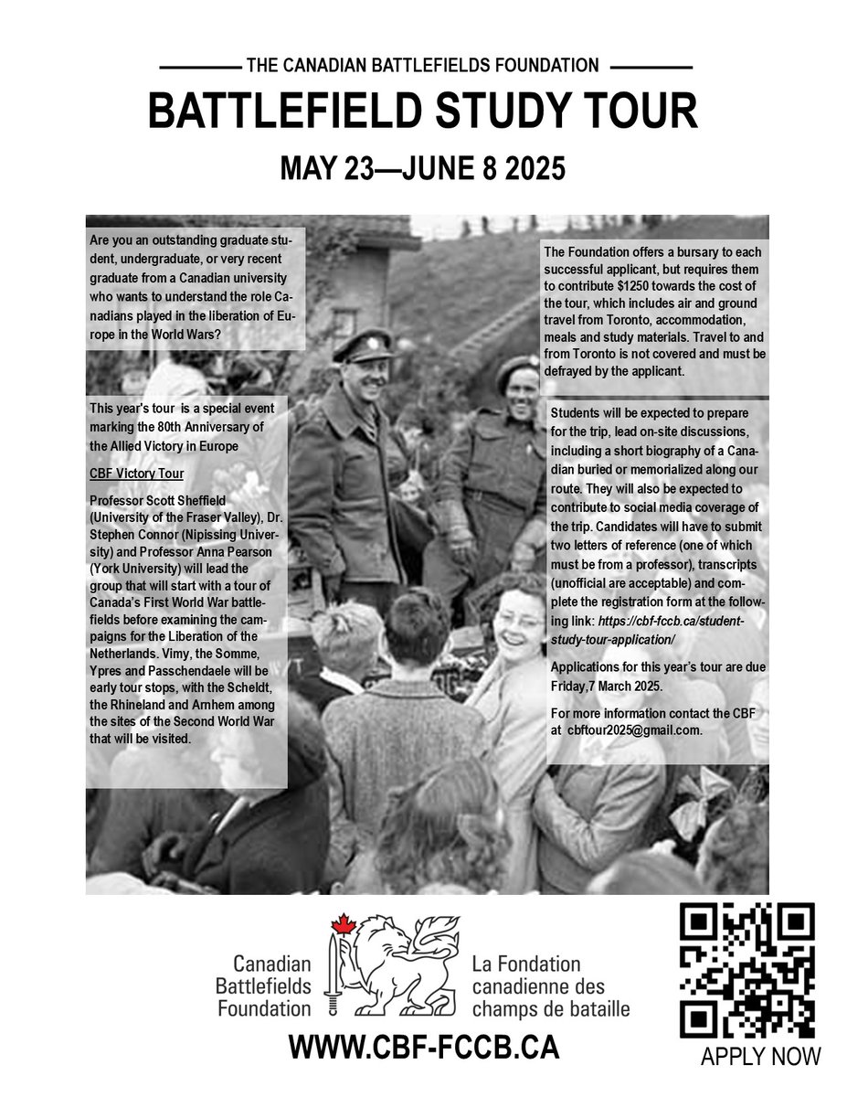 Our 2025 Student Study Tour is now accepting applications. Canadian university students are encouraged to apply for this unique opportunity. The tour will visit First World War battlefields and Canadian sites in the Netherlands. Spread the word!