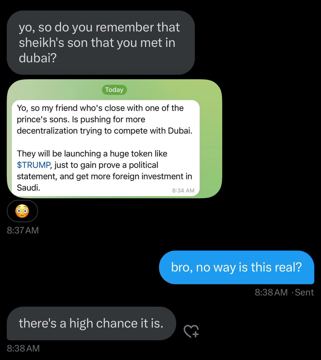TraderMoe's tweet photo. Apparently, Royal Saudi Family(worth $1.4tril) will be launching soon.

I posted $TRUMP only five minutes after it launched then it did a 468x, I’ll be posting this too.

Many will regret following. 

Turn Noti’s On 🔔 https://t.co/tBPovSNl1P