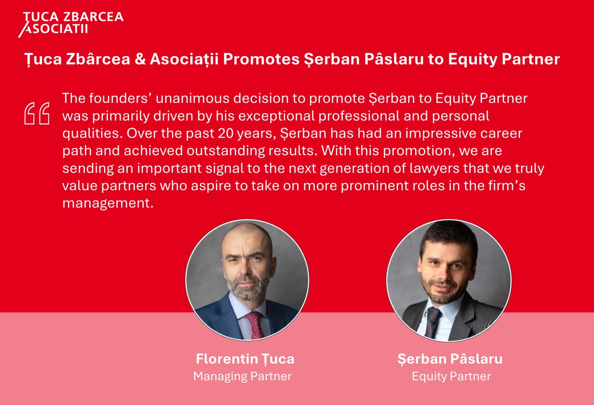 TucaZbarcea's tweet photo. Șerban Pâslaru has been promoted to Equity Partner at Țuca Zbârcea &amp; Asociații! 🎉

With 20+ years of experience in public procurement, PPPs, and labor law, Șerban joins the eight founding partners to shape the strategic business plans of the firm.

Congrats, Șerban! 👏 https://t.co/RiNWb4aVJh