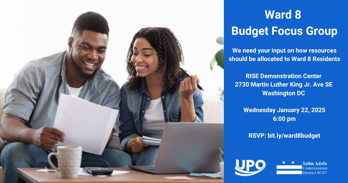 TONIGHT!!

We need your input at the #Ward8 Budget Forum!  Help shape DC's future.

RISE Demonstration Center 2730 MLK Ave SE
Wed Jan. 22nd 
6pm

RSVP: bit.ly/ward8budget