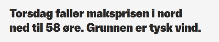 Det er ikkje prissmitte frå NO1-NO4 til NO5 på grunn av dårleg overføringskapasitet.
Nå stuper prisane i nord blant anna på grunn av vind i Tyskland.
Her er det noko som skurrar.