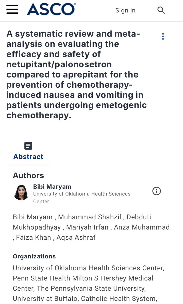 Maryam7835Bibi's tweet photo. Excited to attend my first @ASCO event. Please drop by my poster J14 tomorrow 11:30-1:00, I would love to talk about our abstract # 823, a meta-analysis comparing efficacy and safety of netupitant/palonosetron vs aprepitant. 
#GI25 #GIASCO2025 #GIASCO #ASCO https://t.co/oFR07ljHEa