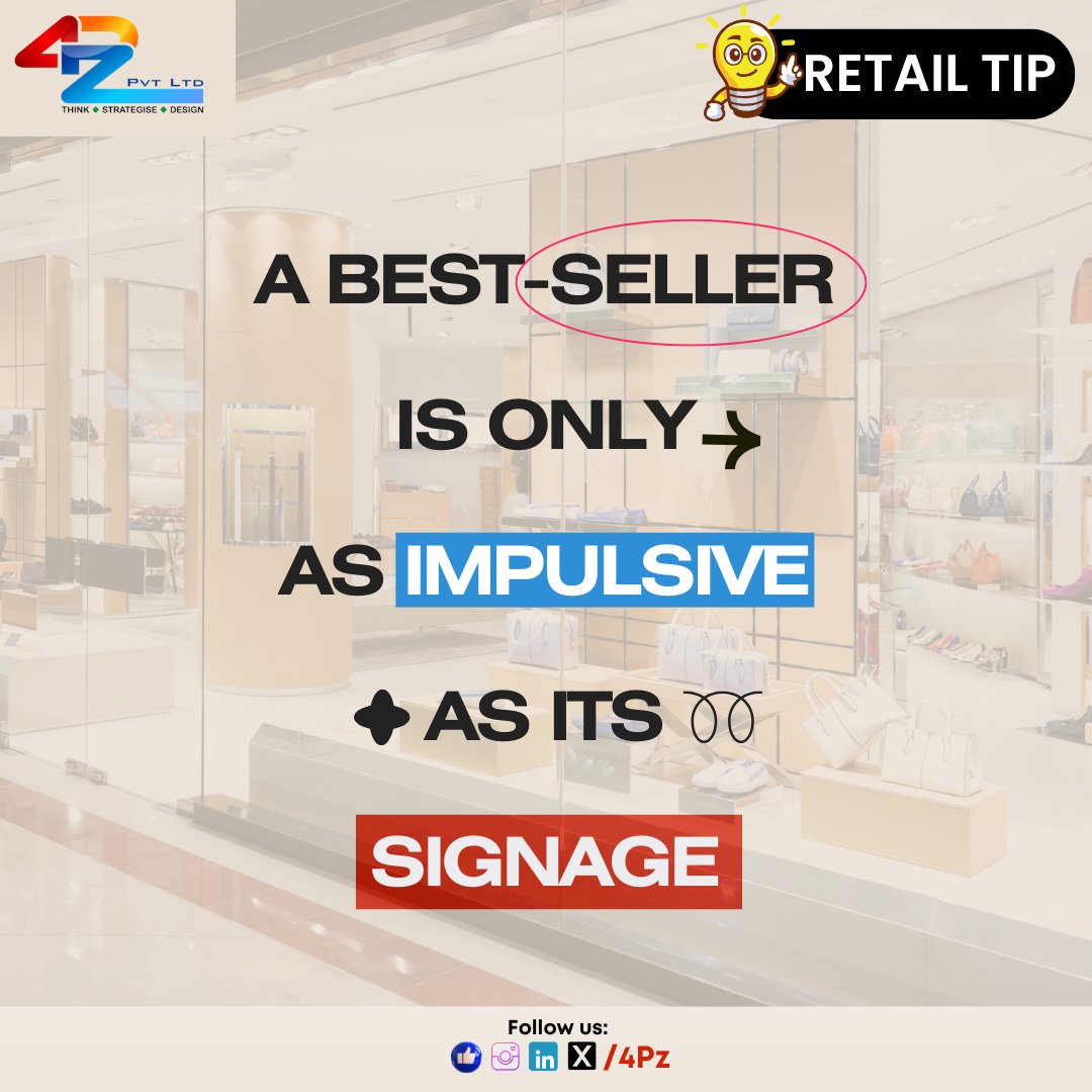4Pz_in's tweet image. A BEST-SELLER ➔ IS ONLY AS IMPULSIVE ✦ AS ITS SIGNAGE ⟳
.
Make your displays do the talking! ✨ Highlight best-sellers with dynamic signage to spark instant purchases. 🛍️
.
#RetailTips #VisualMerchandising #StoreDesign