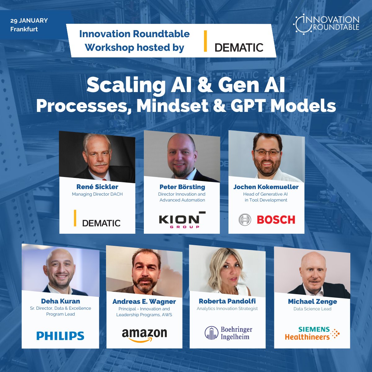 🚀 We're excited to announce our upcoming 2-day workshops hosted by Dematic in Frankfurt 🇩🇪 (29-30 January). These two days will revolve around two essential topics: Scaling #AI &amp; #GenAI: Processes, Mindset &amp; #GPT Models, and CX &amp; Seamless #CustomerJourneys across Channels.