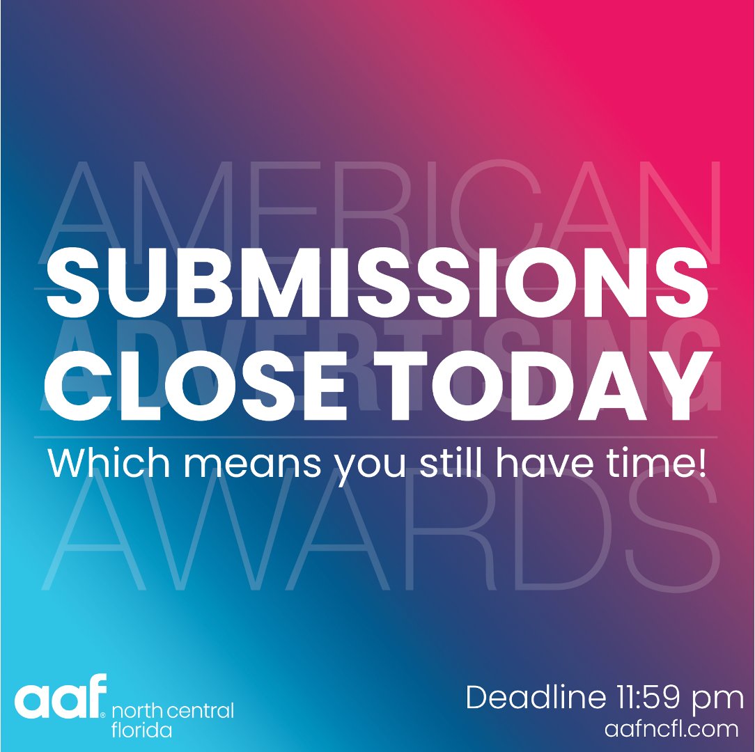 aafncfl's tweet photo. Submissions for the 2025 AAF-NCFL American Advertising Awards close at 11:59 pm tonight! Join creative professionals and students as we celebrate the best advertising in the Tallahassee, Gainesville, &amp; Ocala markets! Links in bio. #aaf #aafncfl #winanaddy https://t.co/FM0fBBOsUQ