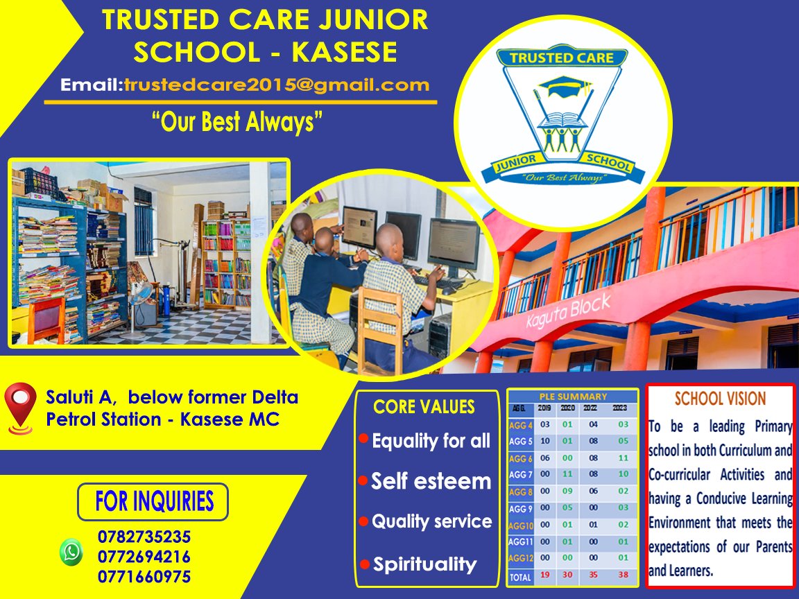 HudaEdigar's tweet photo. Recording a 100% PLE first grade passing since the school first sitting in 2019 is an indicator that parents should take their children to Trusted Care Junior School located near Belleveau Hotel below former Delta Petrol Station in Kasese Municipality.
Thank me later.
#TCJS https://t.co/vxtB6vW5L5