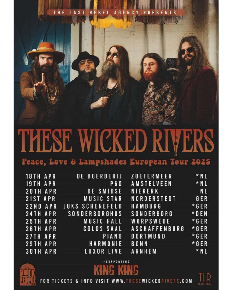 Rock People Management (@rockpeoplemgmt) on Twitter photo 🇳🇱 🇩🇪 🇩🇰 <a href="/WickedRivers/">These Wicked Rivers</a> 🇳🇱 🇩🇪 🇩🇰
This April the guys head back to Europe with their “Peace, Love & Lampshades” Tour, Special Guests of Blues Legends <a href="/KingKingUK/">King King</a> with some extra dates sprinkled in too !
Tickets - thesewickedrivers.com/shows
<a href="/fatearthrecords/">FAT EARTH RECORDS</a>
Last Rebel Agency 🇳🇱 🇩🇪 🇩🇰 <a href="/WickedRivers/">These Wicked Rivers</a> 🇳🇱 🇩🇪 🇩🇰
This April the guys head back to Europe with their “Peace, Love & Lampshades” Tour, Special Guests of Blues Legends <a href="/KingKingUK/">King King</a> with some extra dates sprinkled in too !
Tickets - thesewickedrivers.com/shows
<a href="/fatearthrecords/">FAT EARTH RECORDS</a>
Last Rebel Agency