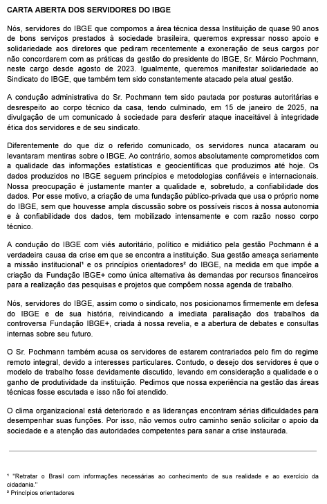 rnishimura's tweet photo. Todo meu apoio e solidariedade aos servidores e corpo técnico do IBGE.

Ao contrário do que alguns sugerem, para mim, isso reforça a confiança nas estatísticas produzidas pelo instituto, pois caso haja qualquer interferência indevida, o corpo técnico não se calará e trará à tona. https://t.co/Wopd7WrAIk