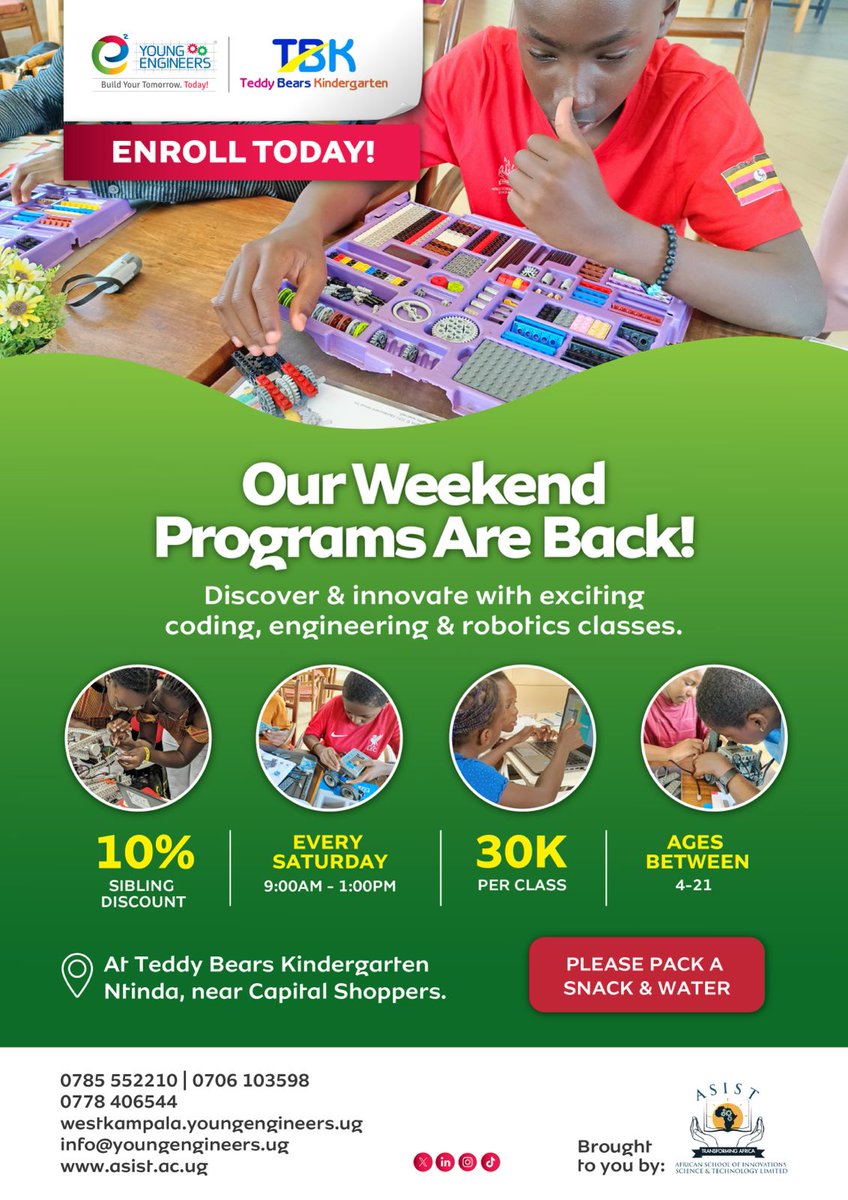 YoungEngneersUG's tweet image. 🌟 Weekend Programs Are Back! 🚀
Unleash your child's creativity with exciting coding, engineering, and robotics classes at Teddy Bears Kindergarten, Ntinda! Designed for students aged 4 to 21 years, these hands-on sessions inspire innovation and problem-solving.
📅 Join us…