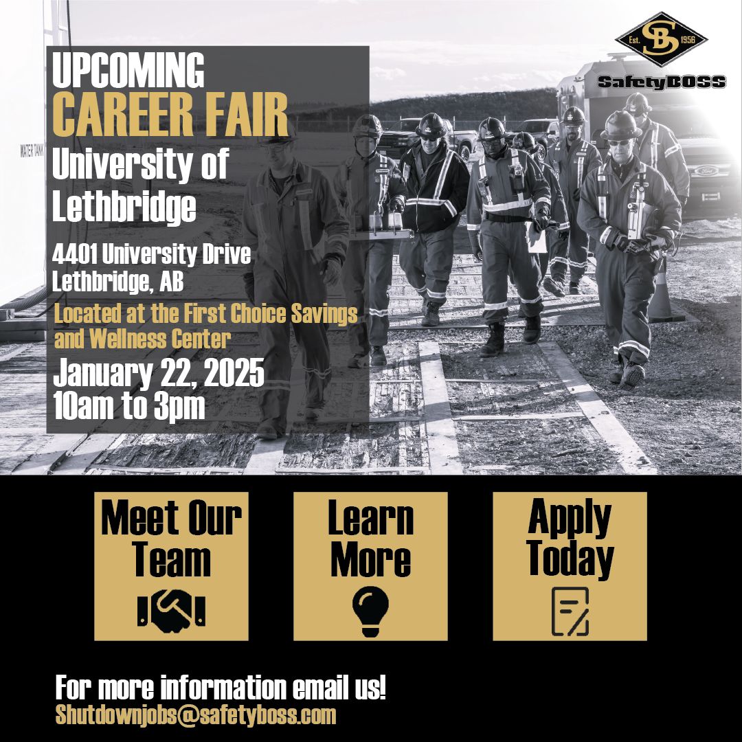 SafetyBoss56's tweet photo. We will be attending the Career Fair at the University of Lethbridge! Come explore your next career opportunity with us, we'd love to see you there!  Details below 👇 

Date: January 22, 2025 - 10am to 3pm 
Location: First Choice Savings and Wellness Center 

#ULethCF #CareerFair https://t.co/MV5twZWkqd