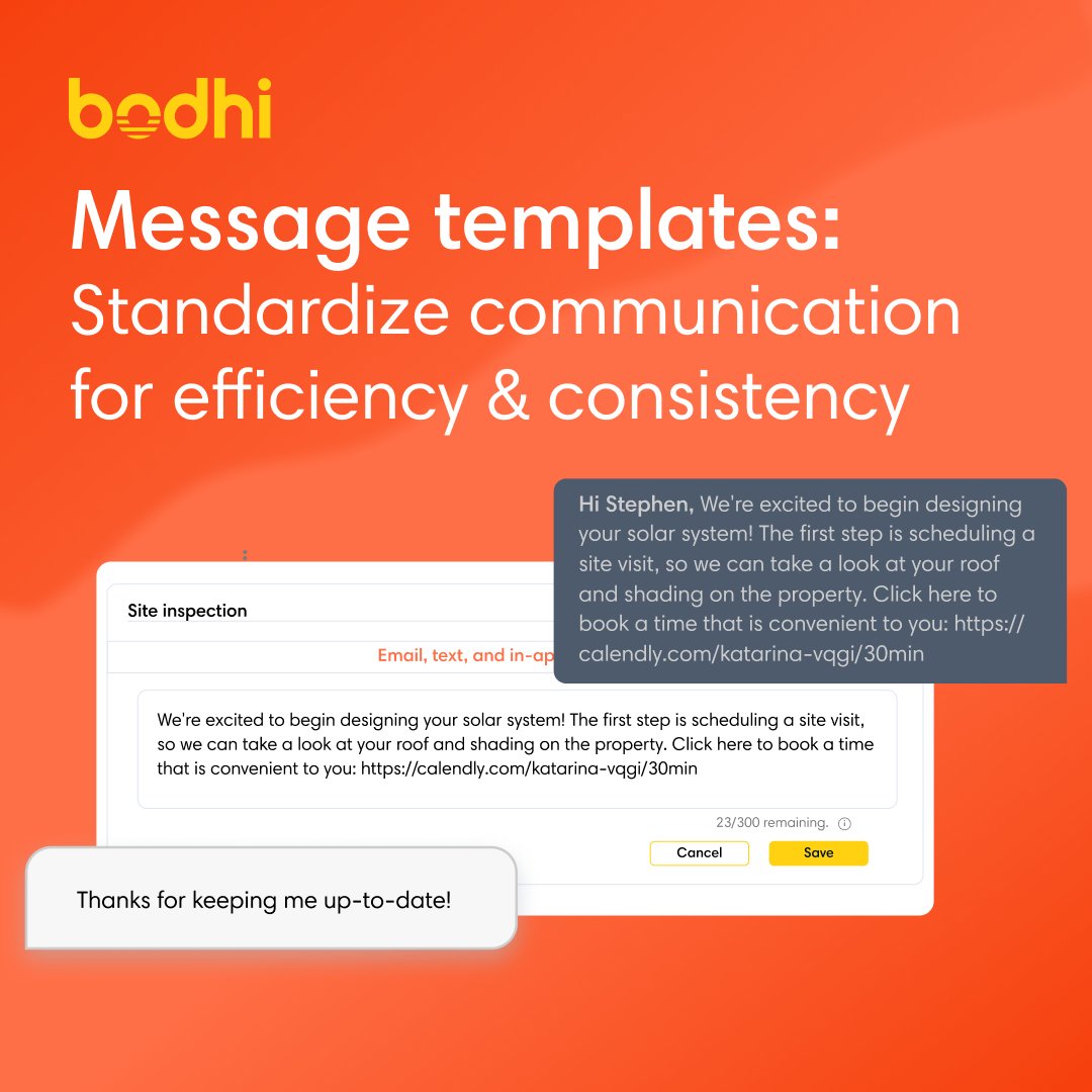 bodhisolarcx's tweet image. Bodhi Feature #3: Message templates

Standardize your communication for maximum efficiency and consistency. 💬 No more mixed messages—just smooth updates every time! ☀️

#Solar #Efficiency #ConsistentCommunication #Howbodhihelps