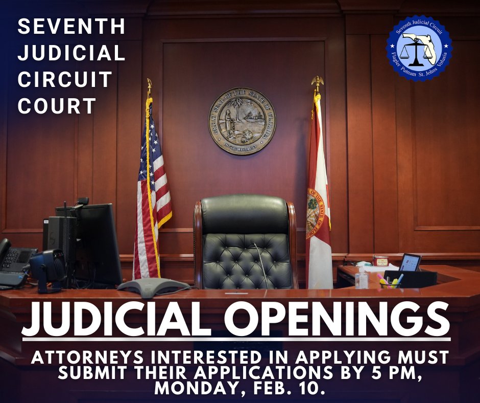 Governor Ron DeSantis has requested that the Seventh Circuit Judicial Nominating Commission convene to select and submit a list of highly qualified attorneys for two judicial vacancies:

1. Seventh Judicial Circuit Judge
2. Volusia County Court Judge

The Seventh Circuit Judicial