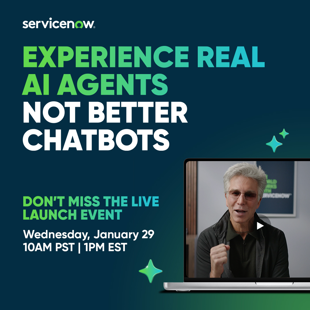 Say hello to the latest breakthrough in AI: ServiceNow AI Agents. Our autonomous agents work seamlessly with you—and each other—in every corner of your business. Join us on January 29 to see how we're putting AI agents to work for people. spr.ly/6018aIKGy