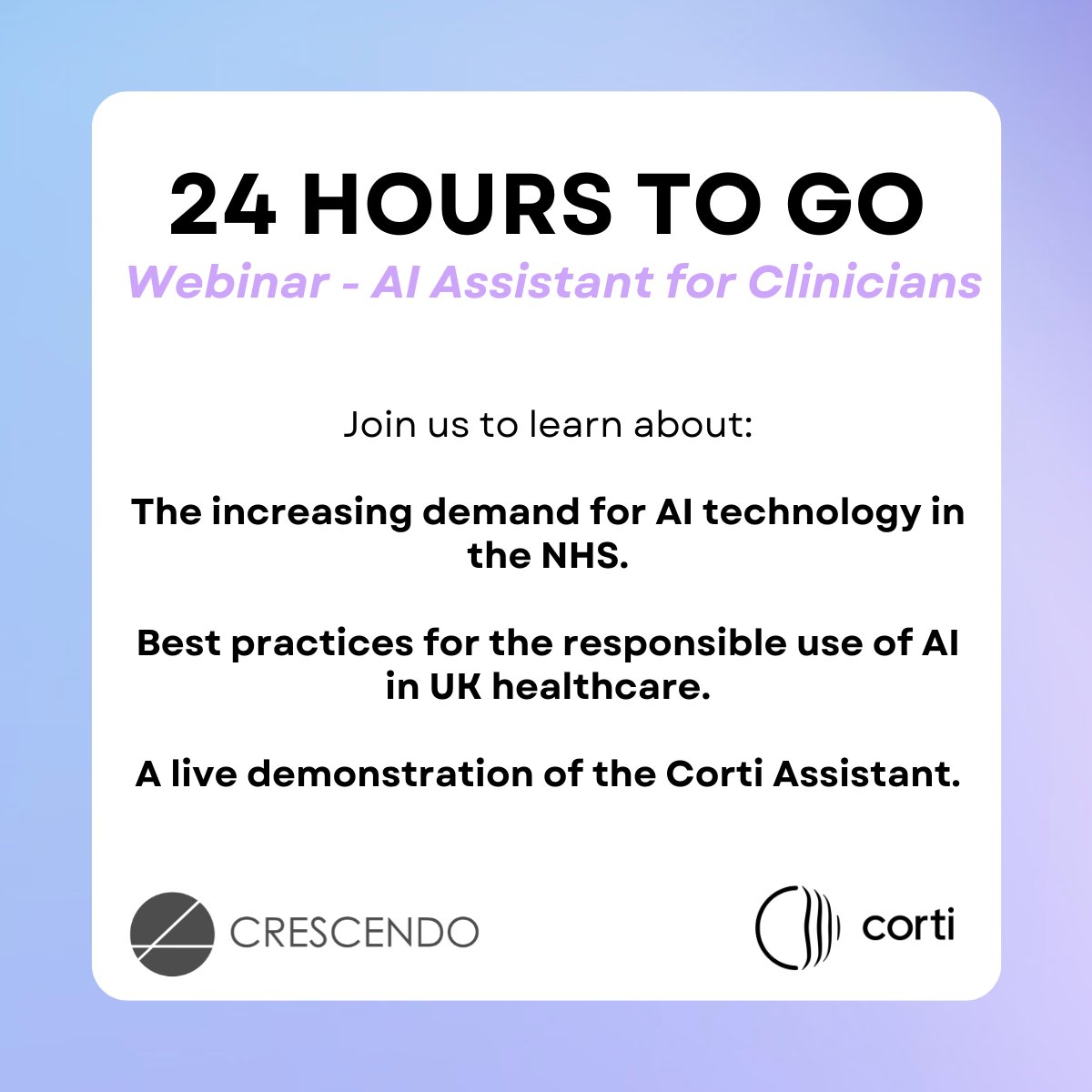 There are now over 200 clinicians registered for our webinar on Artificial Intelligence for UK Healthcare with Corti  🎉 

Make sure you're there, register now - crescendosystems.co.uk/events/crescen…

#AIinHealthcare #DigitalHealth #HealthTech #AIAssistants #NHS #NHSInnovation  #WebinarAlert