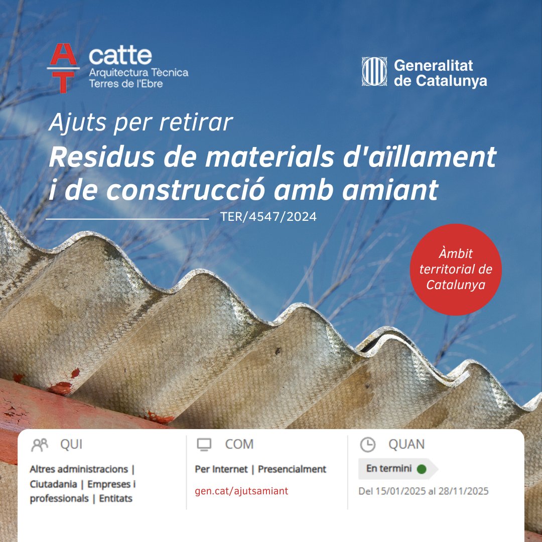 caateete's tweet photo. 📢 Ajuts @gencat per retirar residus de materials d'aïllament i de construcció amb amiant. 📍Àmbit territorial de Catalunya

Podeu demanar la sol·licitud presencialment o via pàgina web ➡️ https://t.co/DLsnoqIRF4 

#CATTE #ArquitecturaTècnica #TerresdelEbre #Ajuts #GenCat #Amiant https://t.co/eUwiLW0GgM