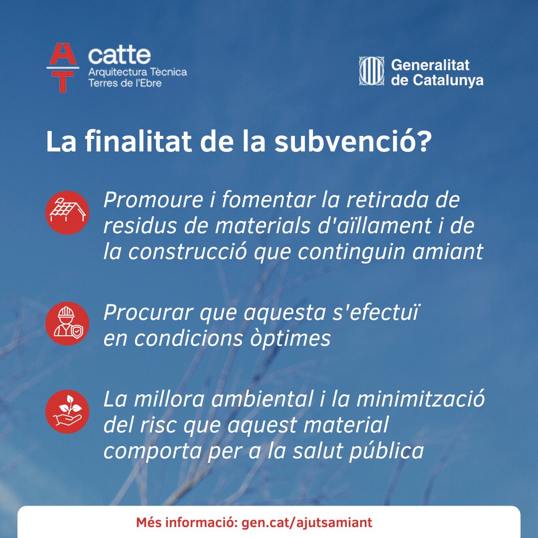 📢 Ajuts <a href="/gencat/">Generalitat de Catalunya</a> per retirar residus de materials d'aïllament i de construcció amb amiant. 📍Àmbit territorial de Catalunya

Podeu demanar la sol·licitud presencialment o via pàgina web ➡️ gen.cat/ajutsamiant 

#CATTE #ArquitecturaTècnica #TerresdelEbre #Ajuts #GenCat #Amiant