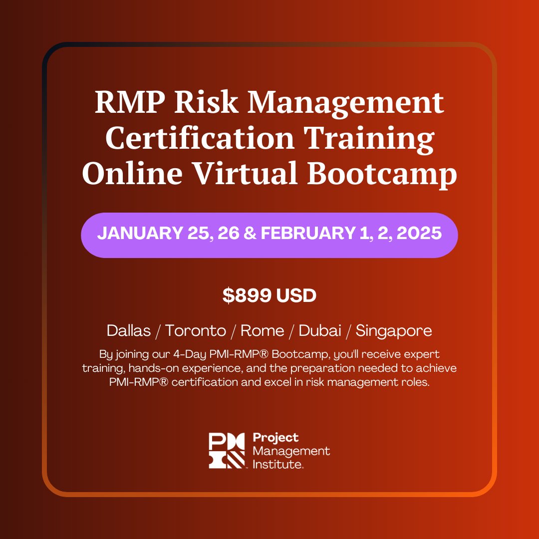 WMPMI's tweet photo. This is a 4-day RMP® Online Virtual Bootcamp designed to fast-track your path to becoming a Risk Management Professional (RMP)®. Experience high-quality, interactive learning from the comfort of your home or office.

Learn more and register at https://t.co/hZ1i5RDRrH https://t.co/mZ7aWMviBR