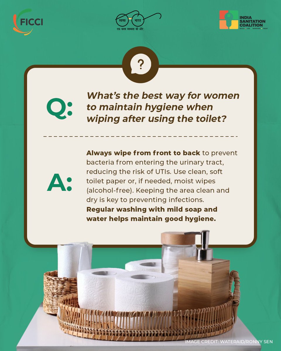 indsancoalition's tweet photo. Did you know that women are 30 times more likely than men to develop urinary tract infections (UTIs)? One of the main causes is improper hygiene after using the toilet. A simple yet effective habit, such as wiping from front to back, can significantly reduce the risk. It may seem like a basic step, but proper hygiene is crucial in preventing infections and maintaining overall health. At ISC, we're dedicated to advocating for safe sanitation practices and ensuring that every woman has access to hygiene education. Let’s not underestimate the power of everyday hygiene!

#IndiaSanitationCoalition #QnA

[ wash sector, ngo sector, ngo in wash, water, sanitation, hygiene, sustainability, waste management, women hygiene  ]