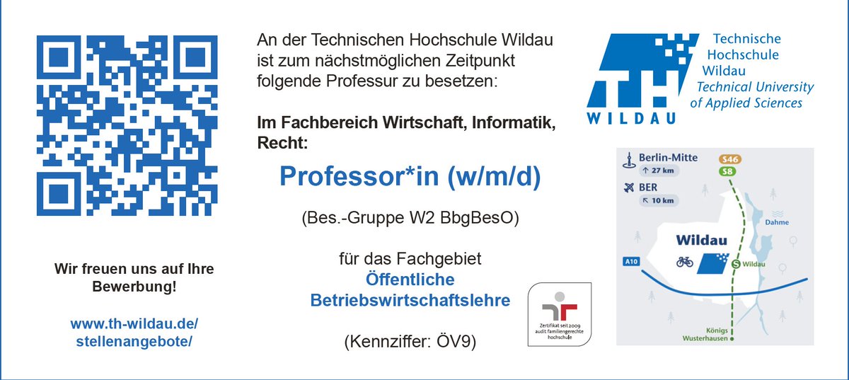 Sie interessieren sich für betriebswirtschaftliche Fragen der öffentlichen Verwaltung? Wollen an der Schnittstelle zwischen Wissenschaft, Lehre und Praxis arbeiten? Suchen eine sinnstiftende Aufgabe mit hohen Freiheitsgraden? Dann ist das ⬇️Etwas für Sie
stellenangebote.th-wildau.de/jobposting/692…