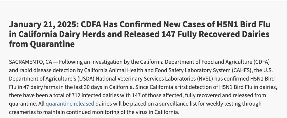 Helen Branswell 🇨🇦 (@helenbranswell) on Twitter photo .<a href="/USDA/">Dept. of Agriculture</a> confirmed another #H5N1 #birdflu infected dairy herd in California, the state's 713th. CA says that 147 of those herds have recovered & cleared quarantine.
Cumulative national total is 930 herds in 16 states. aphis.usda.gov/livestock-poul… .<a href="/USDA/">Dept. of Agriculture</a> confirmed another #H5N1 #birdflu infected dairy herd in California, the state's 713th. CA says that 147 of those herds have recovered & cleared quarantine.
Cumulative national total is 930 herds in 16 states. aphis.usda.gov/livestock-poul…