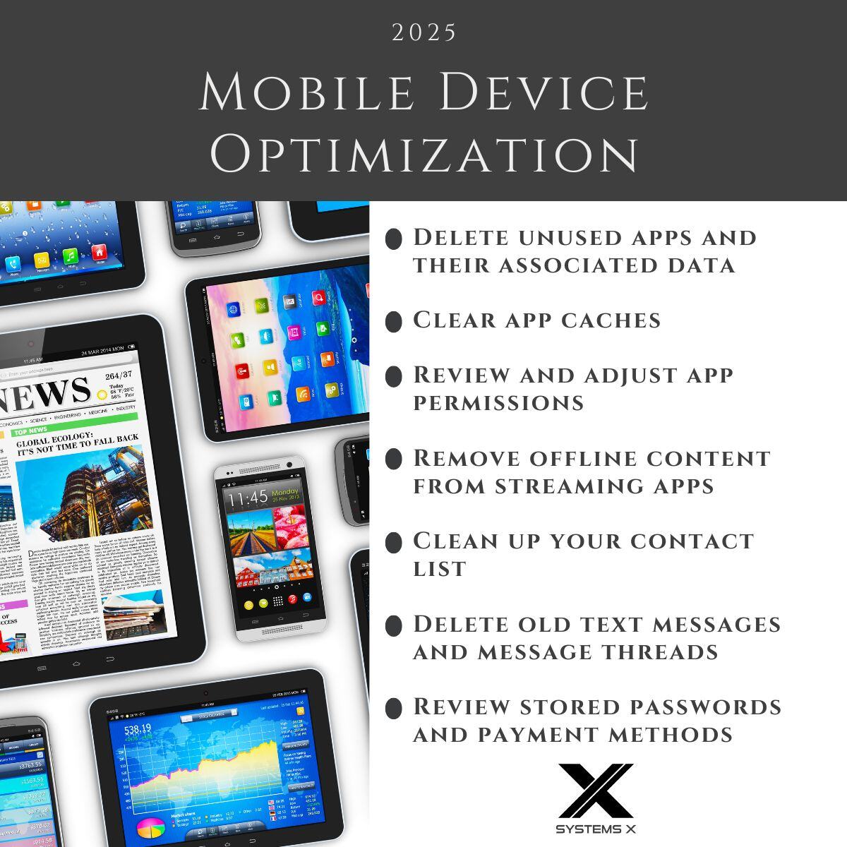 _SystemsX's tweet photo. Is your phone slowing you down? This week it's time to clean up those mobile devices!

Like &amp; share to help your friends speed up their devices too!

#systemsx #DeviceOptimization #CyberSecurity #DigitalCleanup https://t.co/MQSEkNOkFP