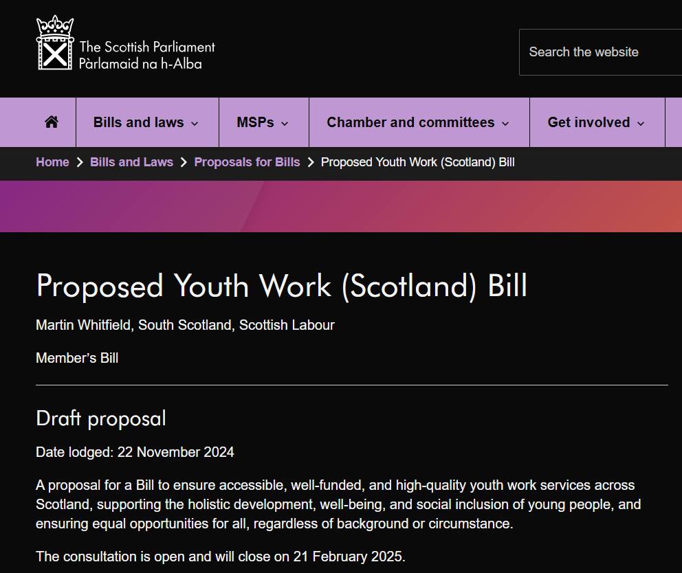 A wee reminder, there is still time to have your say on the Proposed Youth Work Scotland Bill.

Closing date is the 21/02/2025

parliament.scot/bills-and-laws…