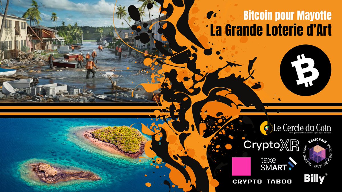agathedavray's tweet image. Je suis heureuse de vous annoncer le lancement de « Bitcoin pour Mayotte : La Grande Loterie d’Art » en partenariat avec @kalichainoff, TaxeSmArt et #CryptoXR.

L’objectif ? Aider les habitants de Mayotte à se relever du cyclone de décembre 2024.