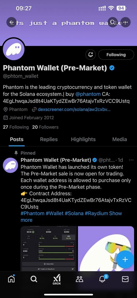 Pancake_newlist's tweet photo. Phantom Wallet @PTOMwallets  has launched its own token!

🚀 The Pre-Market sale is now open for trading.

Each wallet address is allowed to purchase only once during the Pre-Market phase.

👉 Address: 4EgLhwqaJsd8t4UaKTydZEwBr76AtajvTxRzVCC9Ustq https://t.co/gIzsmPMdoU