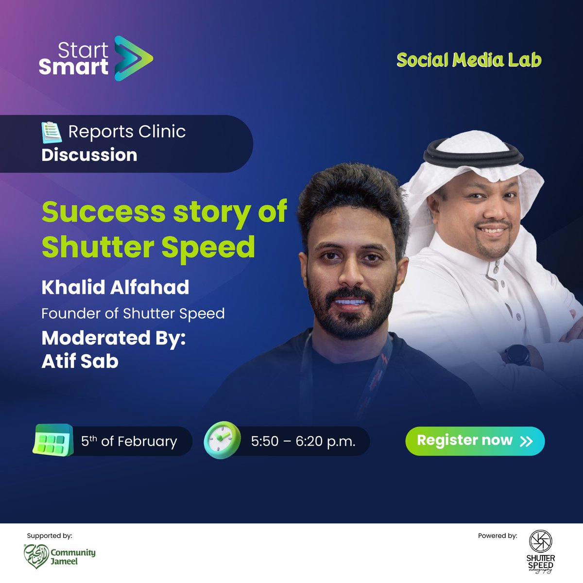 startsmartsaudi's tweet photo. In the #SocialMediaLab and as part of the "Reports Clinic" track, we are excited to share the success story of a #Freelance champion: the talented photographer and seasoned professional, Khaled Alfahad. He will engage in an inspiring discussion with Atif Saab.
Draw inspiration from these rich experiences and register now:
https://t.co/wdm2Gb7Z4T
@atifsaab
