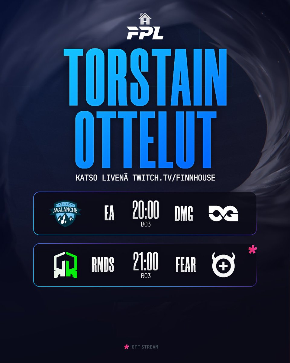 Viikon keskelle piristettä😼🥳

<a href="/EpicAvalanche/">Epic Avalanche</a> VS <a href="/DMGesportsFI/">DMG Finland</a> 
twitch.tv/finnhouse

<a href="/RoundsGG/">ROUNDS</a> VS <a href="/paniikki/">FEAR+</a> 
twitch.tv/macezor

#OLEPELOTON