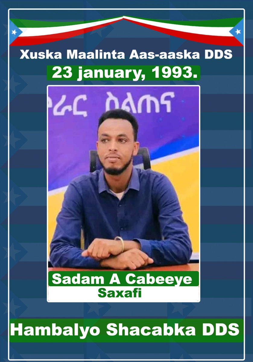 Sadaam cabeeye (@sadaam_2) on Twitter photo Waxan Ugu hambalyeynaa Shacabka Deegaanka Somalida Xuska Maalintii Aas aaska Deegaanka Somalida 23Jan 1993 Oo Ku Beegan 23/ 1/2025 oo ah maalintii la yagleelay dawladnimada Shacabka Deeganka. <a href="/Abdijaliilsamow/">Abdijaliil Osman</a> <a href="/BashiirWabax/">Bashiir-Wabax</a> <a href="/MunaLayla1/">Muna-Layla Hers</a> <a href="/OmerziadIbrahim/">MP. Omer-Ziad Ibrahim Ahmed πͺπΉ</a> <a href="/Mustafe_M_Omer/">Mustafe M. Omer</a> Waxan Ugu hambalyeynaa Shacabka Deegaanka Somalida Xuska Maalintii Aas aaska Deegaanka Somalida 23Jan 1993 Oo Ku Beegan 23/ 1/2025 oo ah maalintii la yagleelay dawladnimada Shacabka Deeganka. <a href="/Abdijaliilsamow/">Abdijaliil Osman</a> <a href="/BashiirWabax/">Bashiir-Wabax</a> <a href="/MunaLayla1/">Muna-Layla Hers</a> <a href="/OmerziadIbrahim/">MP. Omer-Ziad Ibrahim Ahmed πͺπΉ</a> <a href="/Mustafe_M_Omer/">Mustafe M. Omer</a>