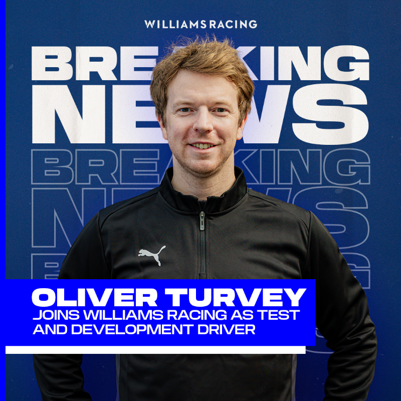 WilliamsF1's tweet photo. We are delighted to confirm the appointment of Oliver Turvey as the team's new Test and Development Driver 🙌

Oliver will play a pivotal role in supporting Alex and Carlos through the Williams development programmes and simulator operations. 

Welcome to the team 💙