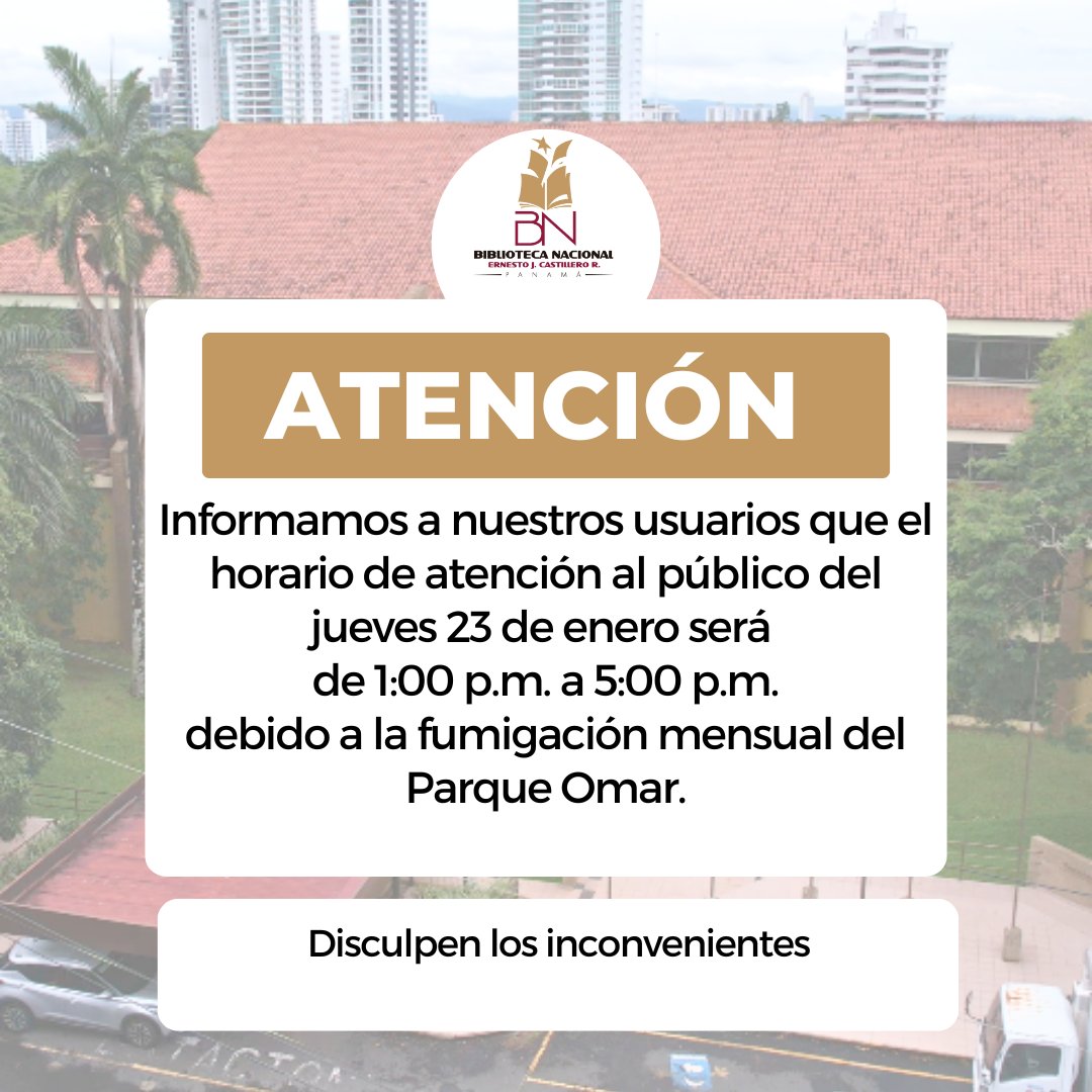 Este jueves, 23 de enero, nuestro horario de atención será de 1:00 p.m. a 5:00 p.m. 🕐
Esto se debe a la fumigación mensual en el Parque Omar. 🌿✨
Agradecemos su comprensión. 🙌
