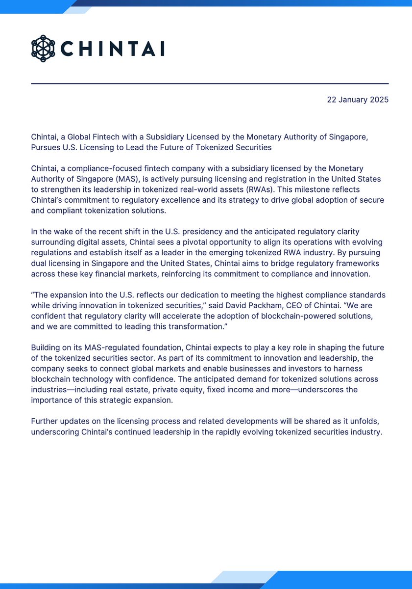 ChintaiNexus's tweet image. Chintai’s official statement on U.S. expansion and pursuit of additional securities licensing:
