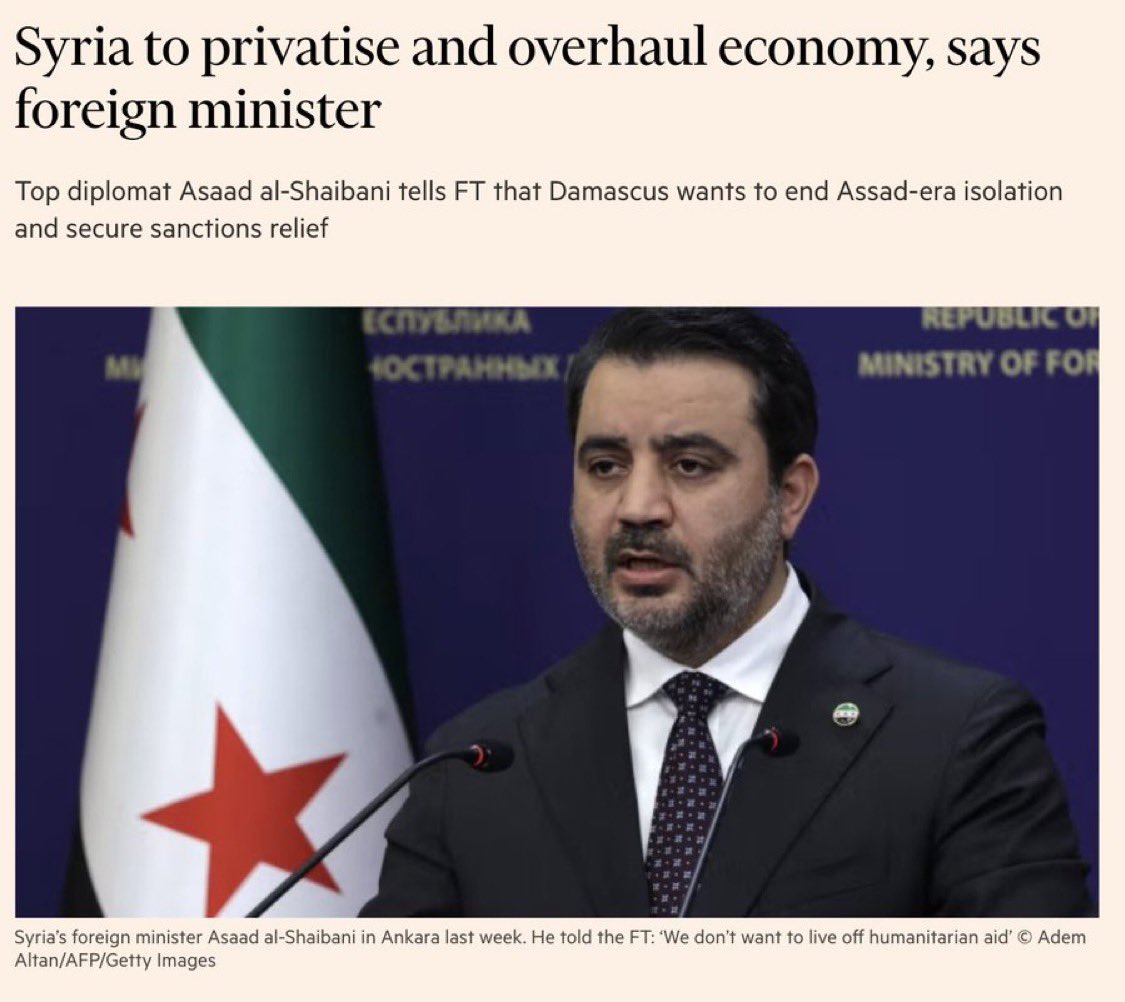 Rober__Ruiz's tweet photo. Privatizar puertos y fábricas estatales, aeropuertos, ferrocarriles y carreteras, e instalaciones de petróleo y algodón, según el “ministro” de Exteriores de HTS.

Esta era la “libertad” que traería la “nueva administración” siria.

¿Se entiende ahora? https://t.co/vTn8jDcofq