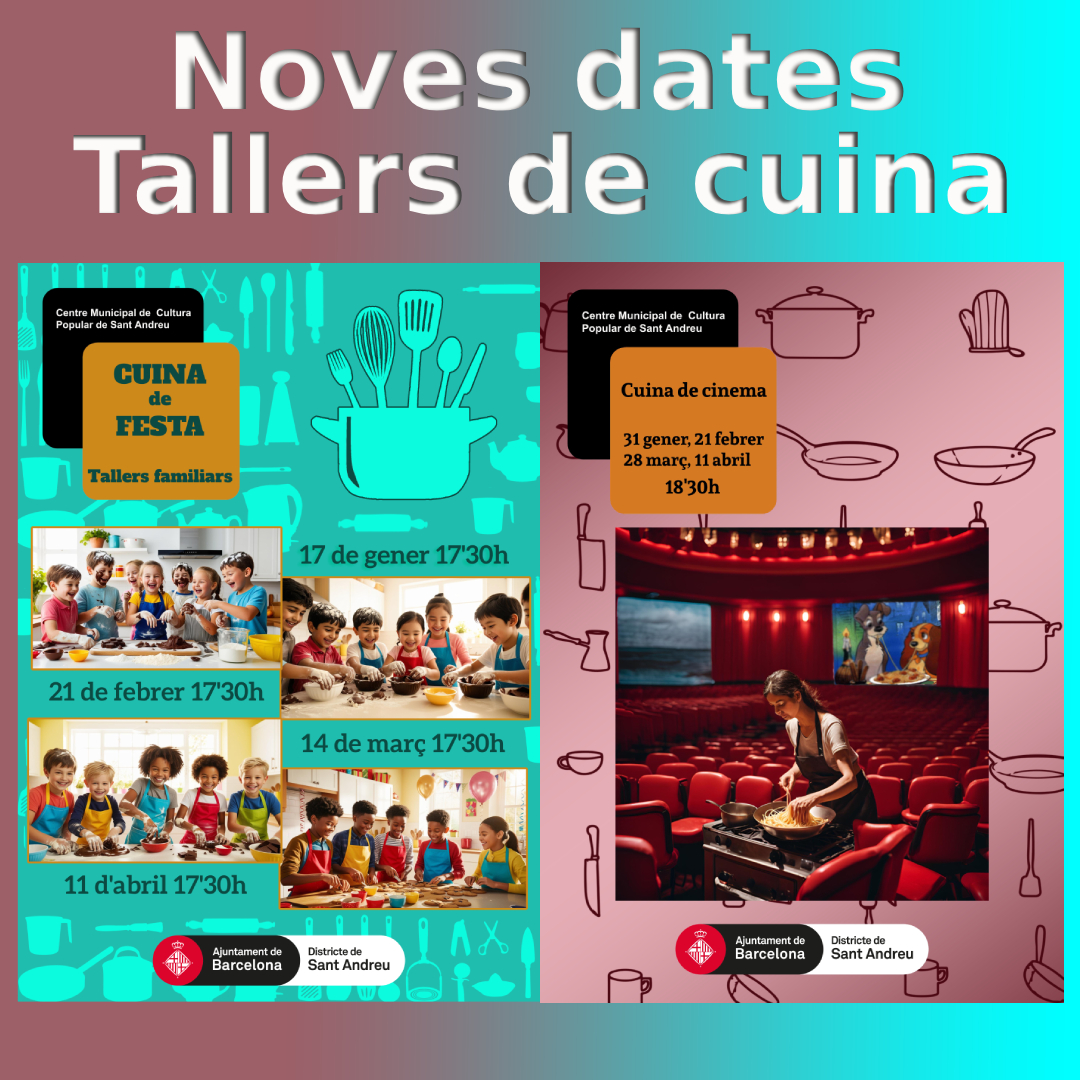 CMCPSA's tweet photo. Noves Dates per als Tallers de Cuina de Can Galta! 
No et perdis l'oportunitat d'aprendre noves receptes i tècniques culinàries en un ambient divertit i acollidor.
Cuina de festa , 17/01, 21/02, 14/03 i 11/04 a les 17'30h.
Cuina de cinema, 31/01, 21/02, 28/03, 11/04 a les 18'30h https://t.co/yzJVb1hFrw