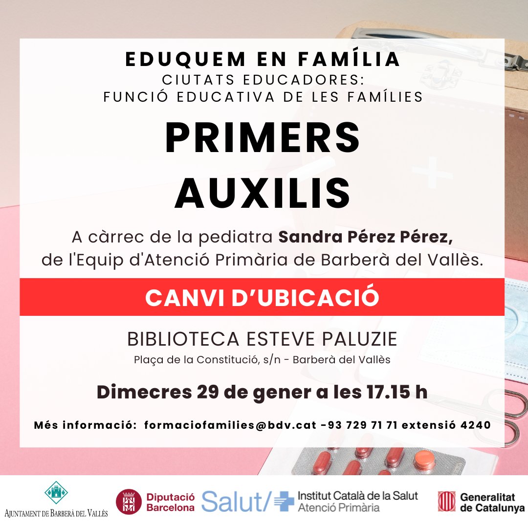 📢ATENCIÓ. CANVI D'UBICACIÓ
🙋El cicle 'Eduquem en família' continua amb una trobada per aprendre primers auxilis amb infants de 0 a 6 anys
📅Dimecres 29 de gener
🕙A les 17.15 h la Biblioteca Esteve Paluzie
🔗Info i inscripcions a tuit.cat/5SamE