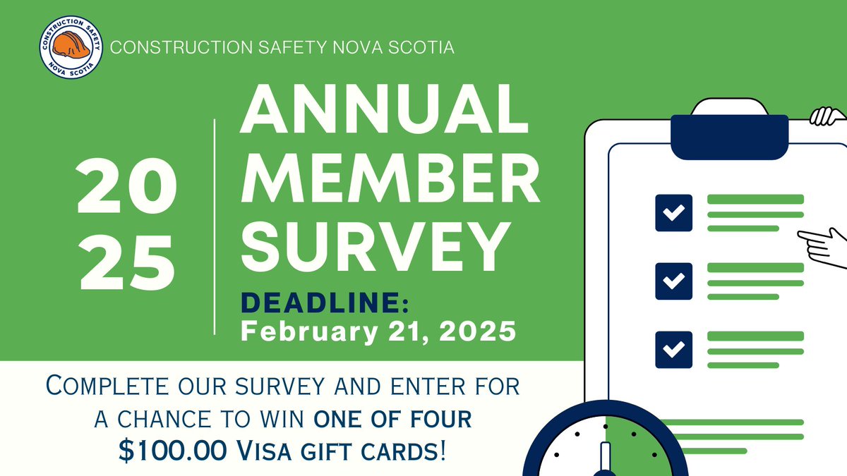 Your input helps us strengthen safety in Nova Scotia's construction industry! Complete our 2025 Member Survey to share your insights, guide our services, &amp; enter to win 1 of 4 $100 Visa Gift Cards. It only takes 10 minutes—deadline is Feb 21! Participate: bit.ly/3CfkocJ