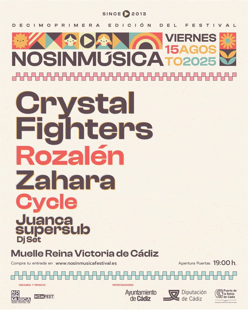 🎶 ¡¡𝐍𝐨 𝐒𝐢𝐧 𝐌ú𝐬𝐢𝐜𝐚 𝟐𝟎𝟐𝟓 𝐲𝐚 𝐞𝐬𝐭á 𝐚𝐪𝐮í!🎶 +
ℹ️ Nos vemos el 15 de agosto en el Muelle Reina Victoria de Cádiz.

Entradas ya disponibles en nosinmusicafestival.es