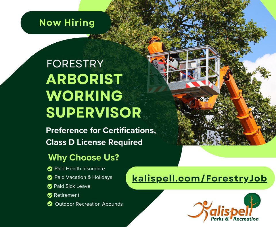 Tree enthusiast with a love for working outdoors with supervisory experience? We’re on the trail for a dedicated arborist to join our forestry team as a Working Supervisor. Branch out your career and apply today at kalispell.com/ForestryJob
#KalispellParksandRec
