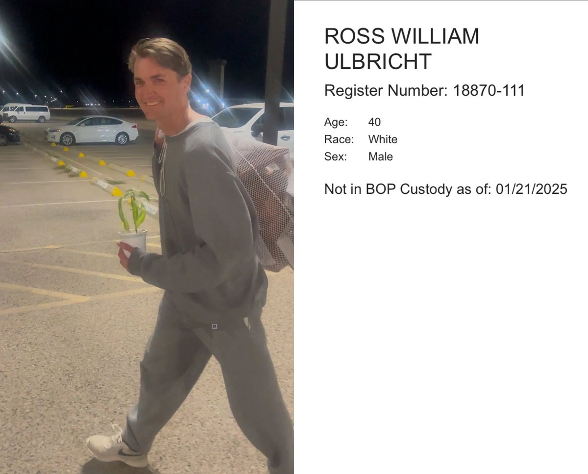 After receiving a full pardon from the President, Ross Ulbricht has been  released from prison. This is the first photo of him as he leaves and his  Bureau of Prisons record has