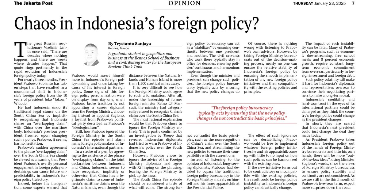 Trystanto2's tweet image. Overjoyed to announce the publication of my latest article in today&apos;s edition (23 January 2025) of @jakpost on the rapid changes in Indonesia&apos;s foreign policy.

My message to President Prabowo is clear: listen to @Kemlu_RI diplomats

Your honest critiques are most welcome 🙏