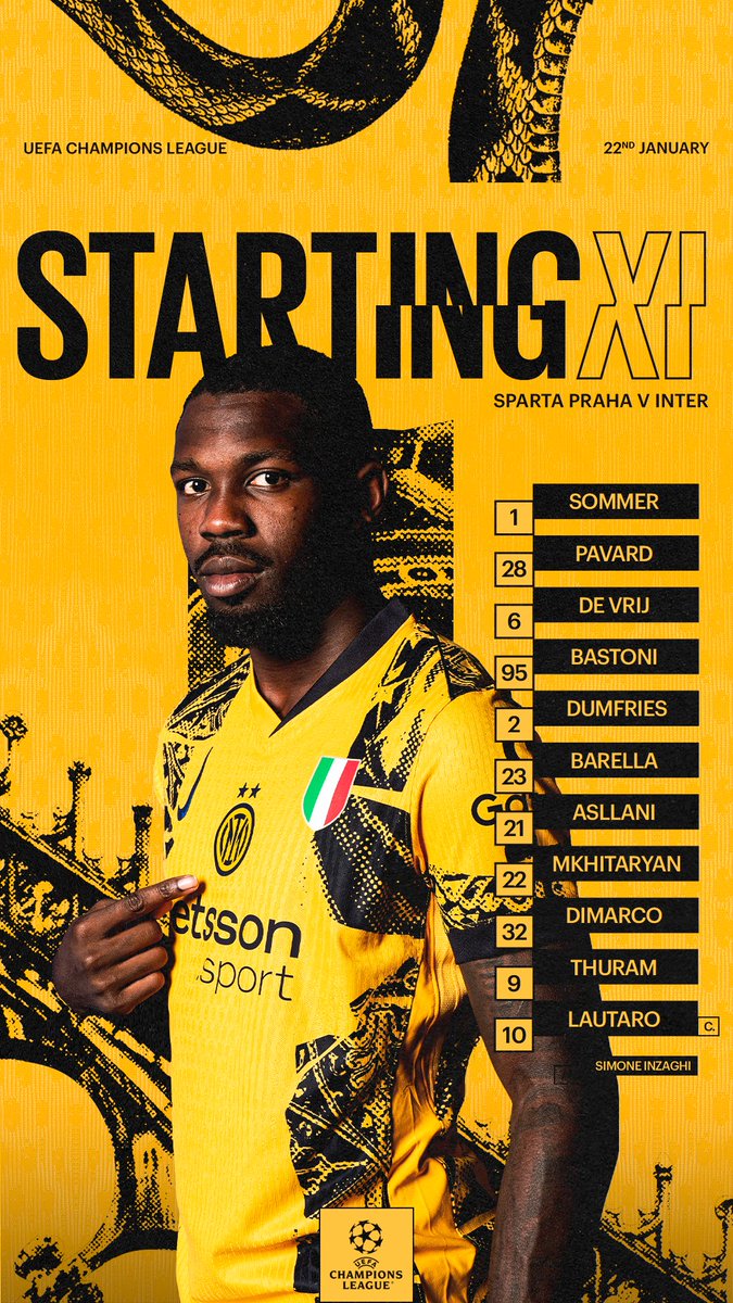InterClub1908's tweet image. #INTER (3-5-2): 1 Sommer; 28 Pavard, 6 De Vrij, 95 Bastoni; 2  Dumfries, 23 Barella, 21 Asllani, 22 Mkhitaryan, 32 Dimarco; 9 Thuram,  10 Lautaro.
All:Inzaghi
Formazione ufficiale @Inter di #SpartaPragaInter #UCL
@ChampionsLeague
SEMPRE #FORZAINTER #AMALA !!!
💪🏻⚫🔵🖤💙🐍
