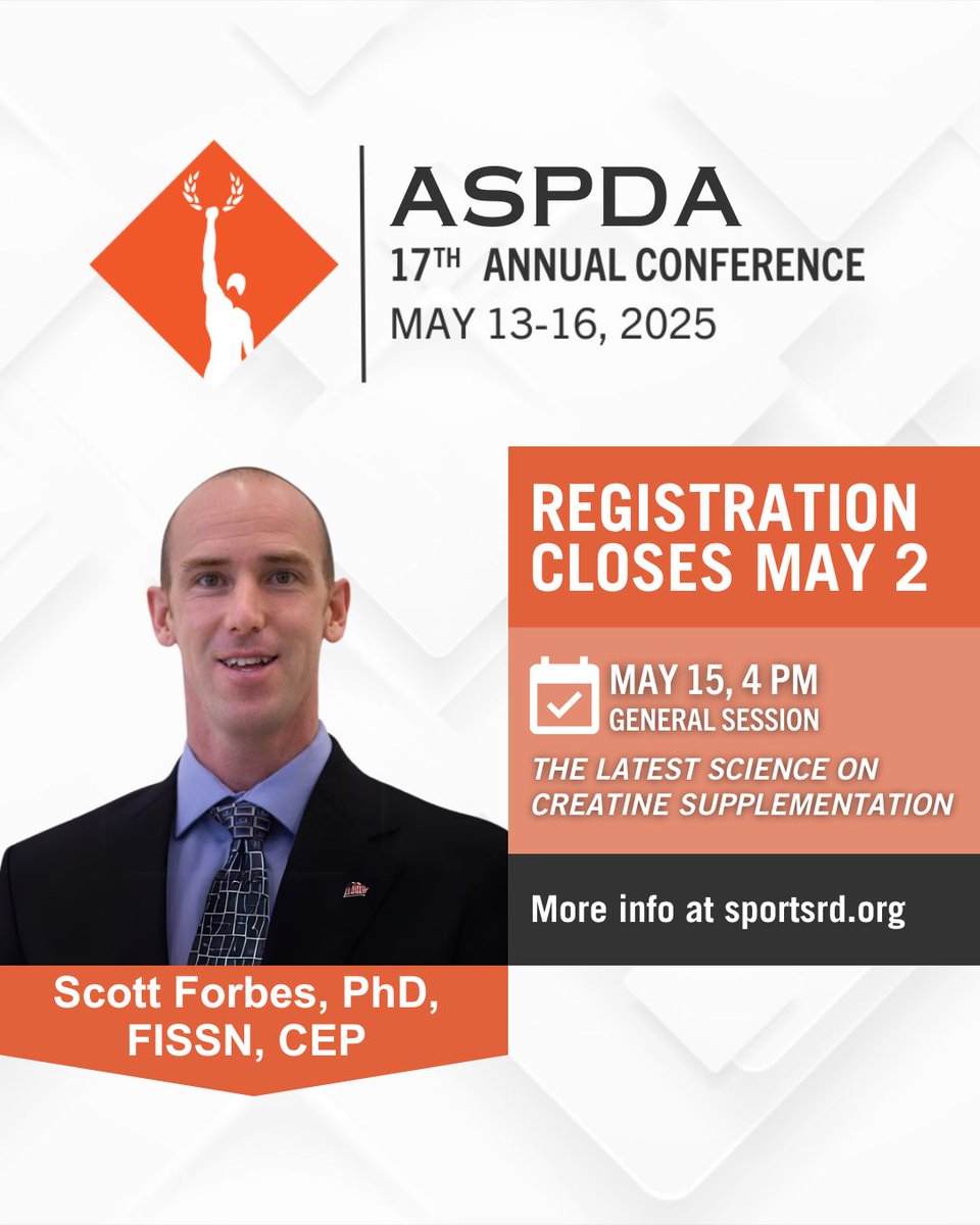 fuelingvictory's tweet image. #ASPDA2025 Speaker Spotlight: Scott Forbes, PhD, FISSN, CEP @DrCreatine

We can&apos;t wait for his session at #ASPDA2025!

Use the link below to register and learn more about our 2025 Annual Conference. Registration closes on May 2, 2025.
buff.ly/2OQgHl2