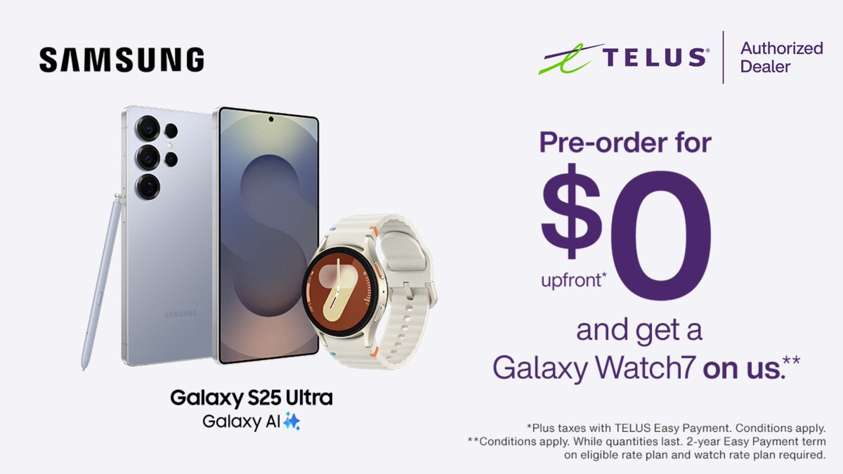 Experience the new #SamsungGalaxyS25 Ultra on Canada's most-awarded network. ✨

Pre-order today and get a #Galaxy Watch7 on us.* Contact us for details: hubs.li/Q033zJ9r0
*Conditions apply, while quantities last. 
#SamsungGalaxy #GalaxyS25 #GalaxyS25Ultra