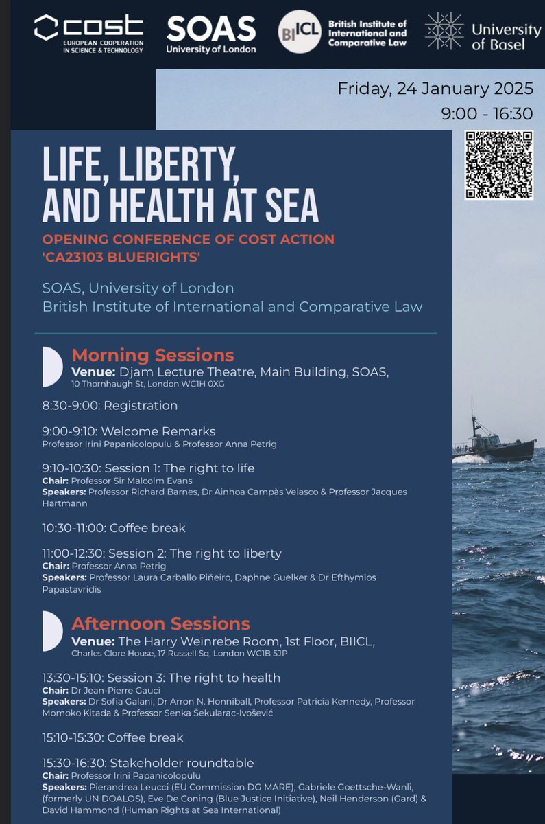 aphroditepapa's tweet photo. Off to London for the kick-off of the COST Action #BlueRights Opening Conference, “Life, Liberty, and Health at Sea,” on 24 January 2025.

The Conference is hosted by SOAS University of London and the British Institute of International and Comparative Law, and will bring together experts and stakeholders to discuss the critical topic of protecting human rights at sea.

Looking forward to reconnecting with friends and colleagues! Make sure to register if you haven’t already📆